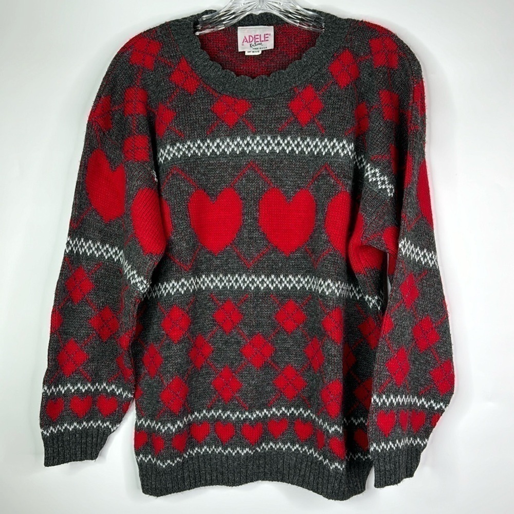 Vintage Adele Knitwear Heart Gray Red Sweater Small/Medium